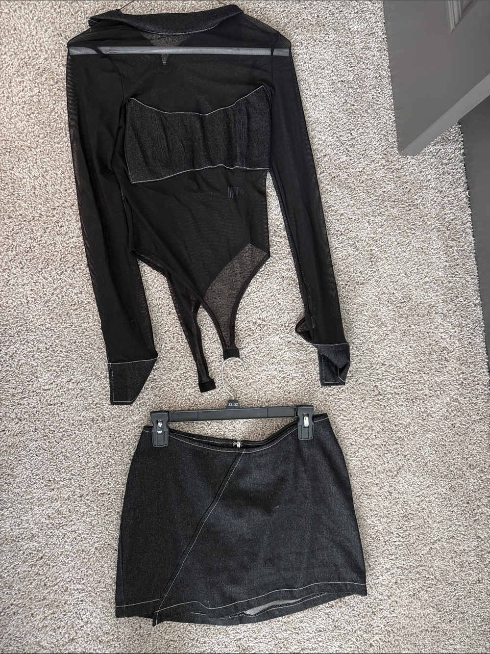 Women’s Black Mesh Bodysuit & Mini Skirt Two Piece Set Sheer Long Sleeve Outfit